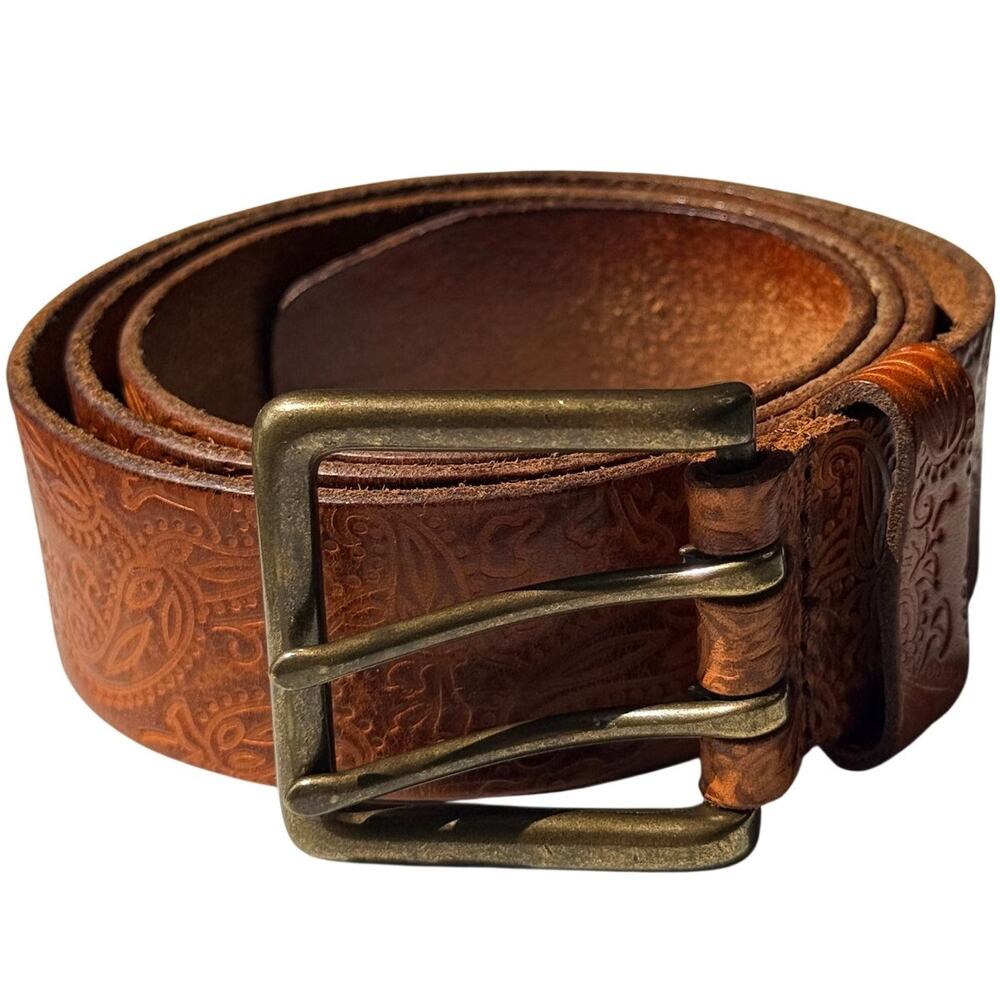 Vintage Olga Santini Embossed Leather Belt XL Twin Prong Boho Western Paisley